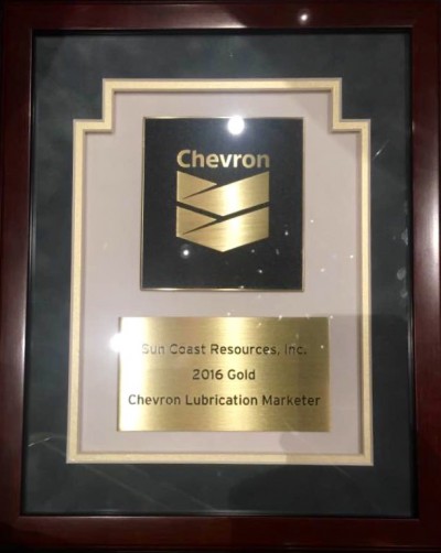 Sun Coast Resources Chevron Lubrication Marketer 2016 Gold Award.